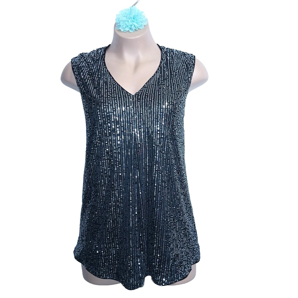 Bloomchic Shimmery Sequins Women Tank Top 22 24 Black Sparkly Disco Party Club